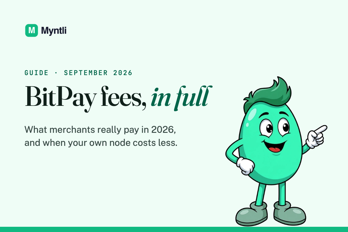 Myntli guide card: BitPay fees, in full. What merchants really pay in 2026, and when your own node costs less.