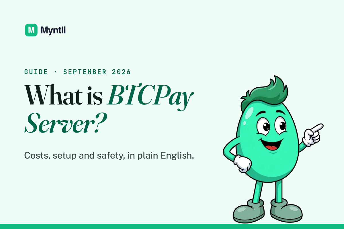 Myntli guide card: What is BTCPay Server? Costs, setup and safety, in plain English, with Repli pointing.