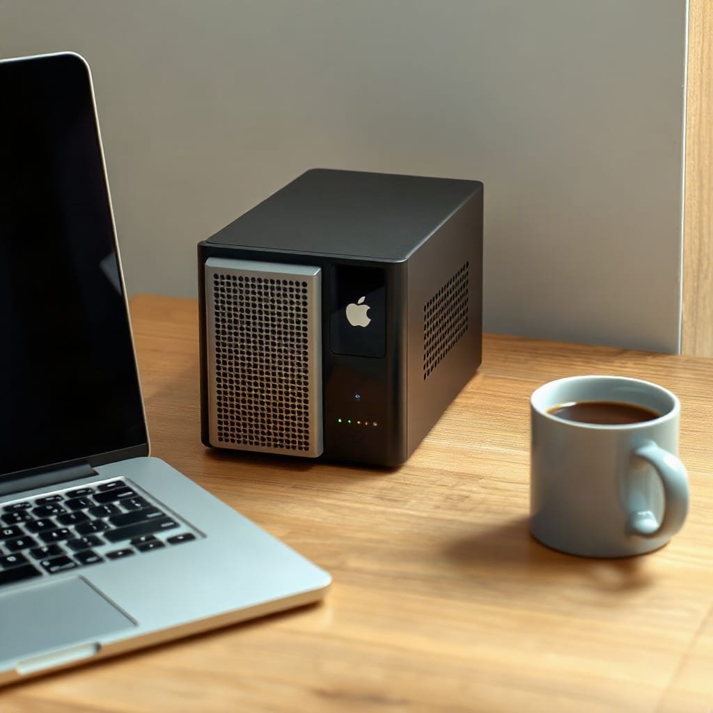 A compact server device with glowing lights rests on a desk beside a closed notebook and a coffee cup.
