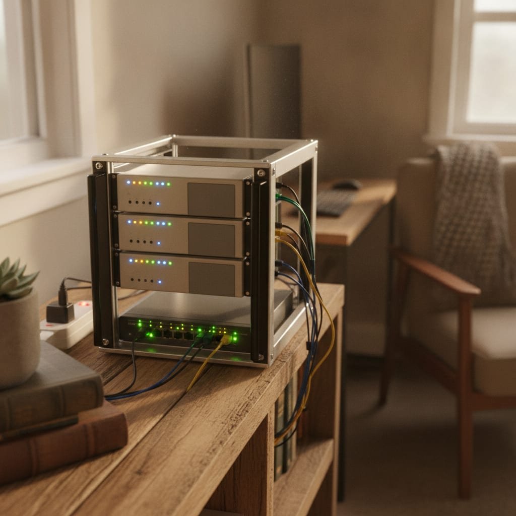 A compact server unit with small indicator lights placed on a shelf in a home office.