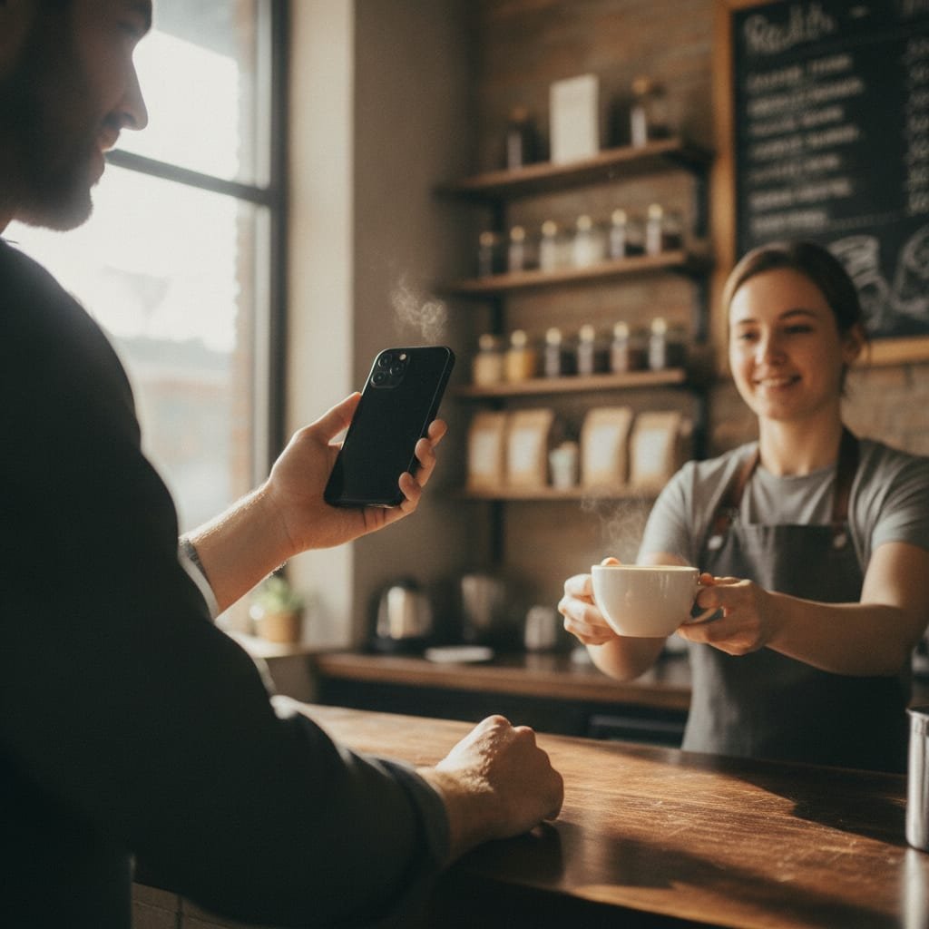 A customer holds up a phone, seen from behind, at a café counter as a barista waits to hand over a coffee.