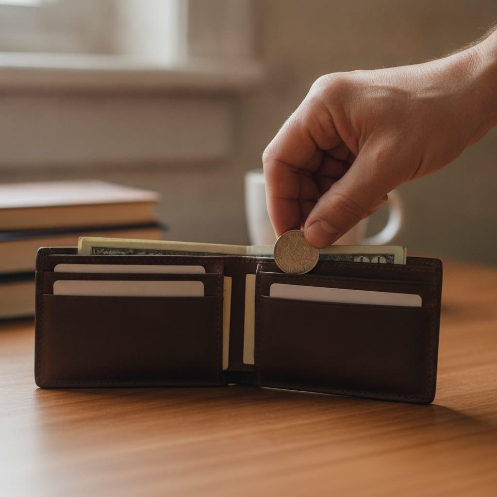 A hand dropping a coin straight into an open personal wallet on a wooden desk.