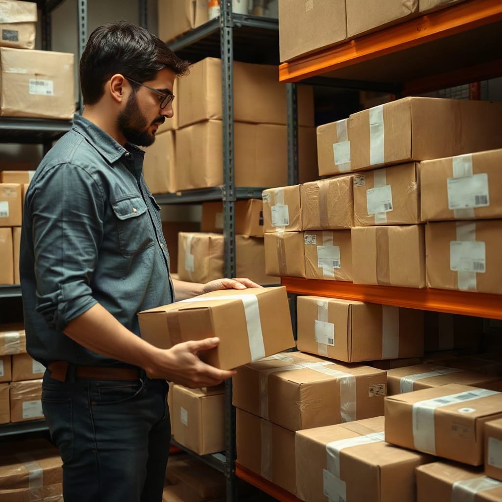 A merchant holding a sealed parcel beside a shelf stacked with other unmarked boxes waiting to ship.