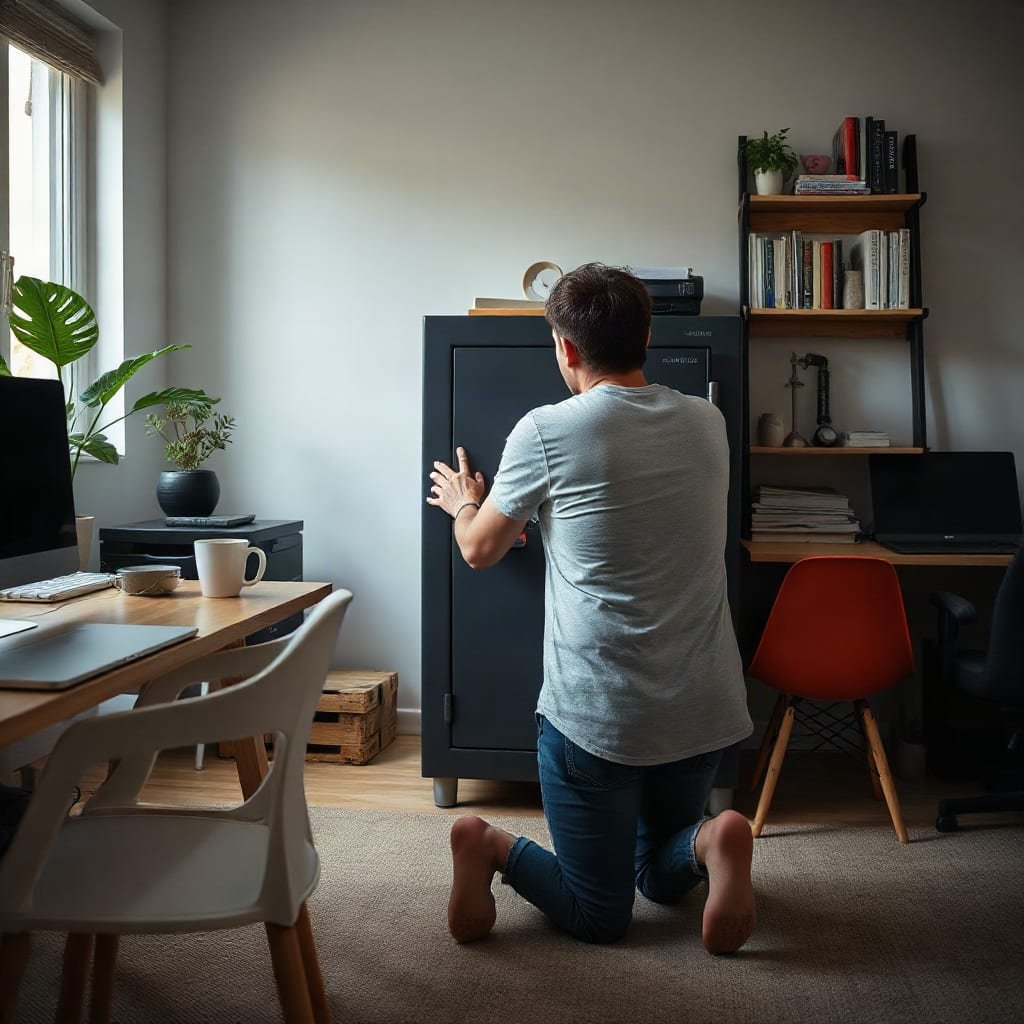A person closing the door of a small steel safe in a home office.