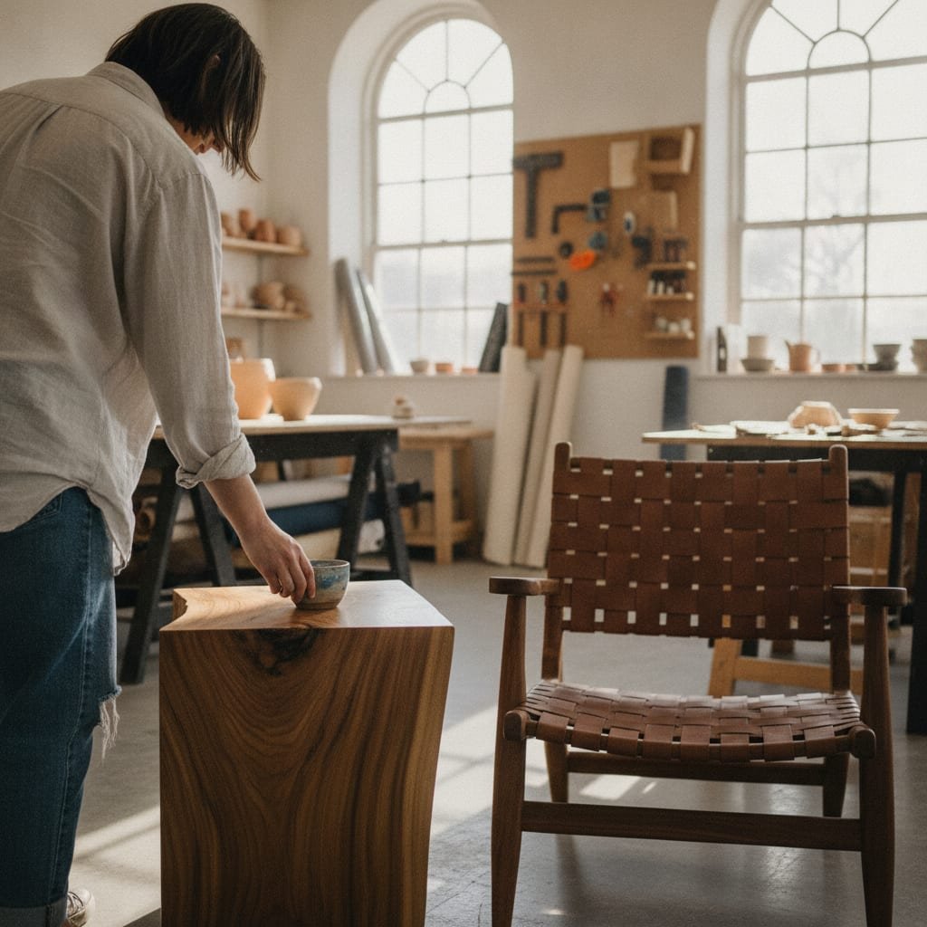 A person places a small ceramic cup on a table beside a large handcrafted wooden armchair in a workshop showroom.