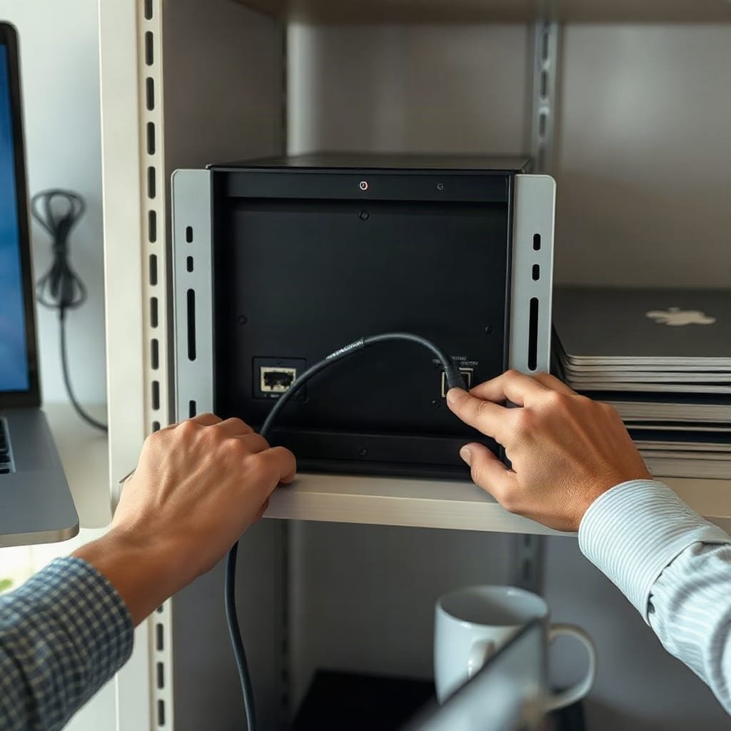 A person's hands plug a cable into the rear ports of a small server unit on a shelf.
