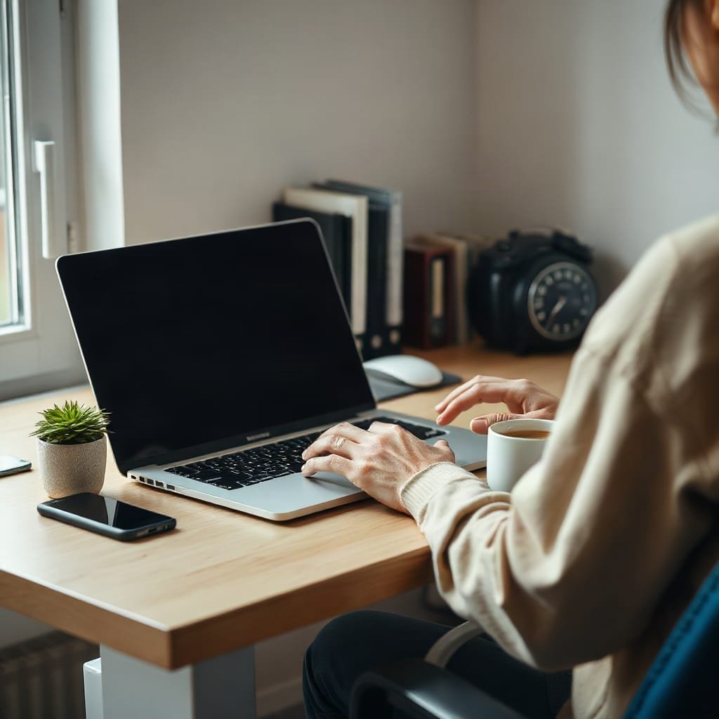 A person working on a laptop, viewed from behind, at a tidy home desk with coffee and a small plant.