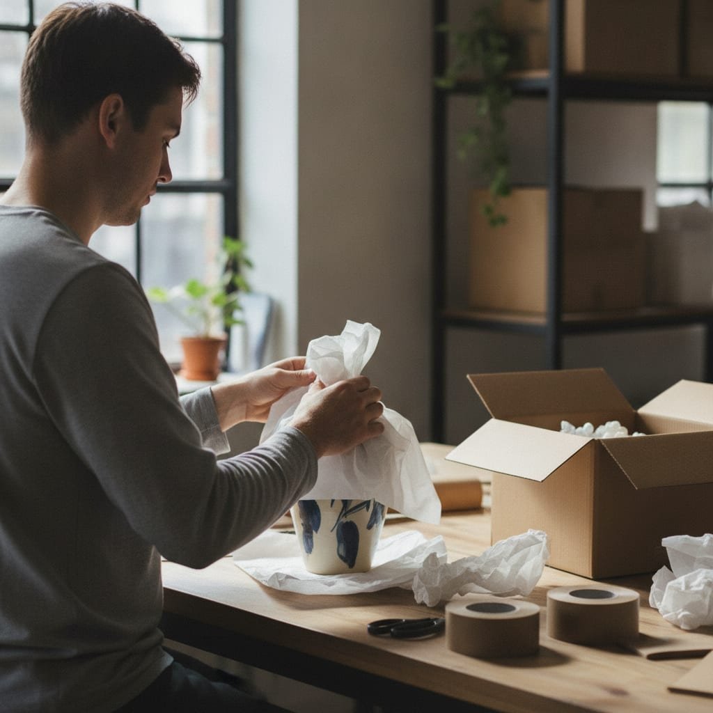 A person wraps a ceramic vase in tissue paper next to an open plain cardboard box on a packing table.