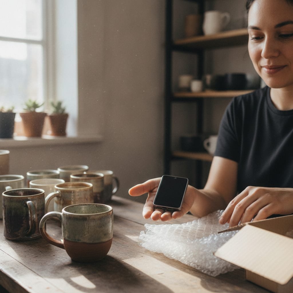 A shop owner at a workbench full of handmade mugs holds a small, dark hardware wallet in their hand.