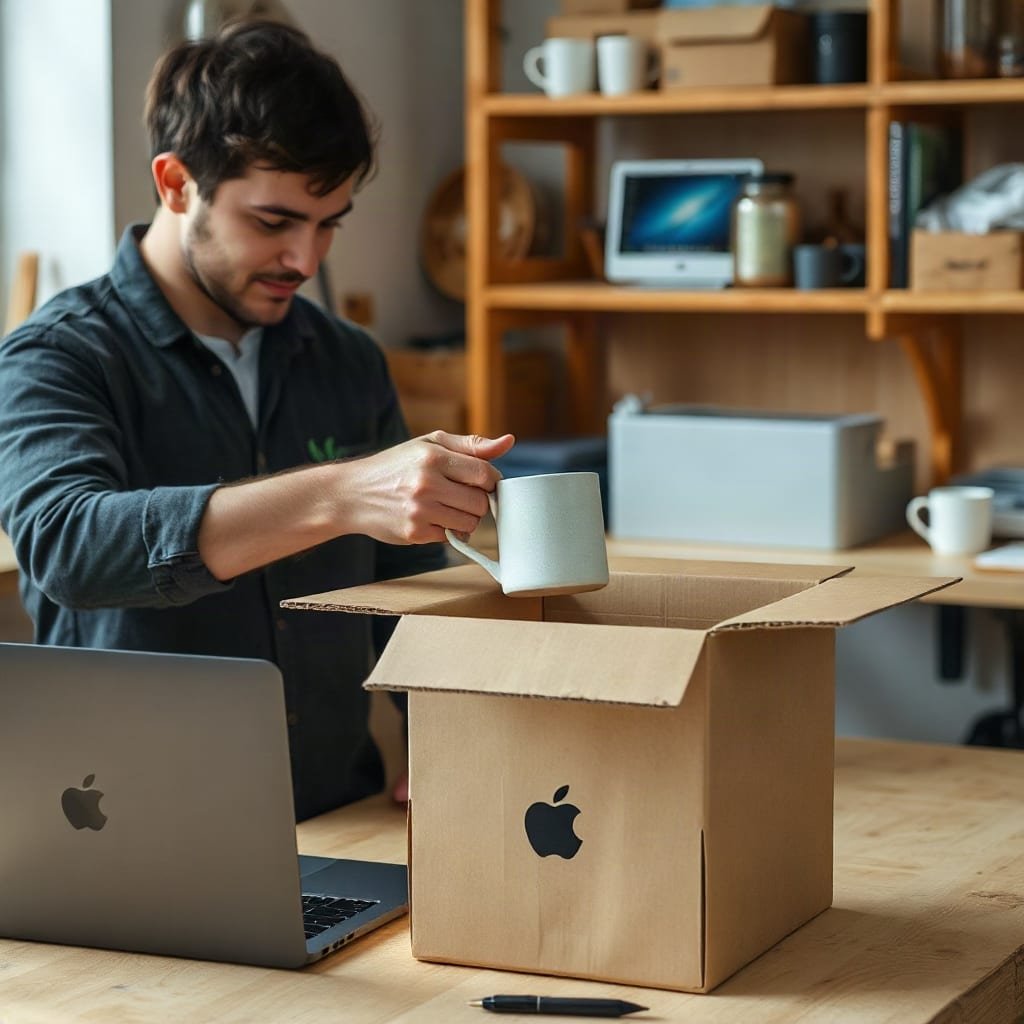 A shop owner packing a ceramic mug at a workbench, with a small computer running on a shelf in the background.
