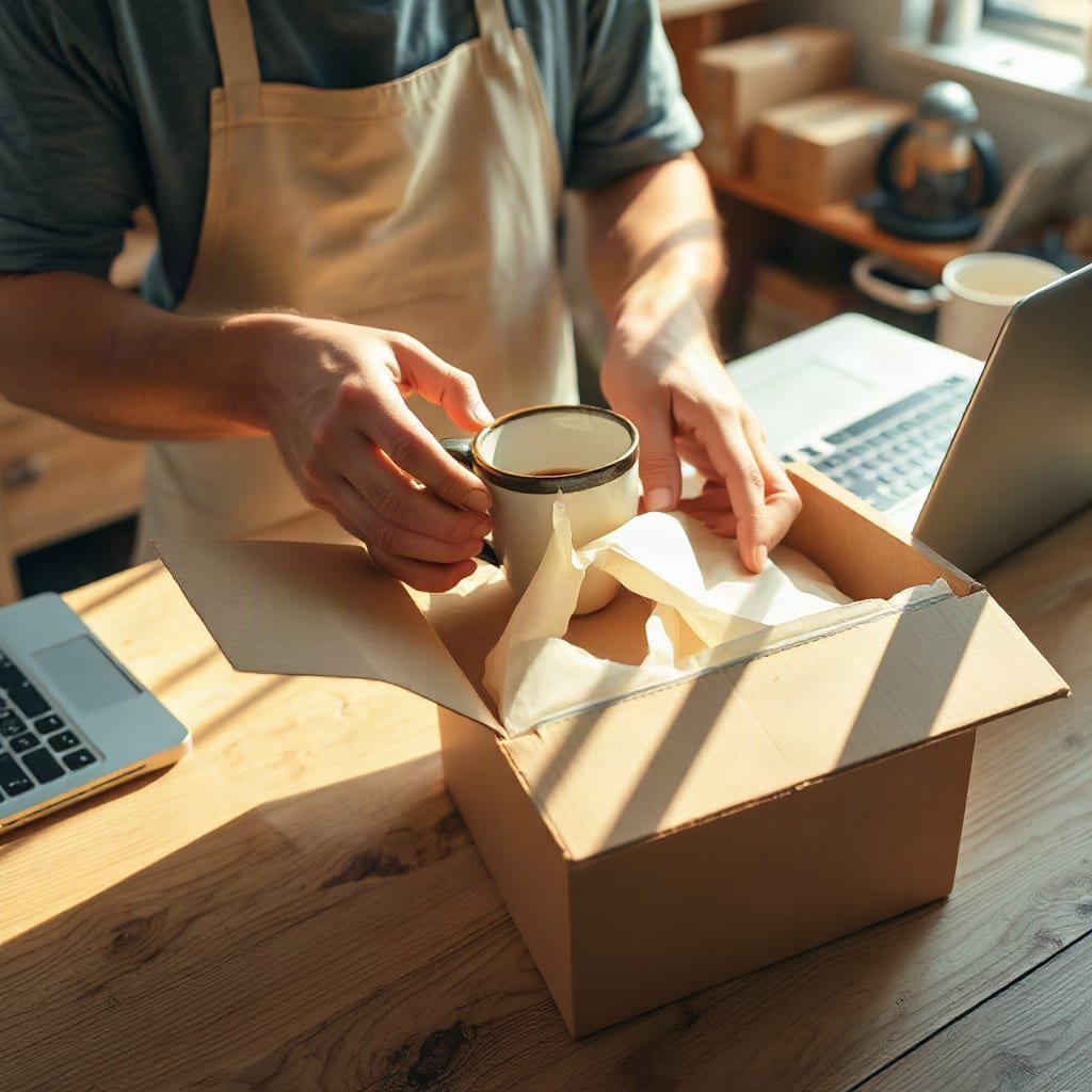 A shop owner packing a handmade ceramic mug into a plain cardboard box on a wooden workbench.
