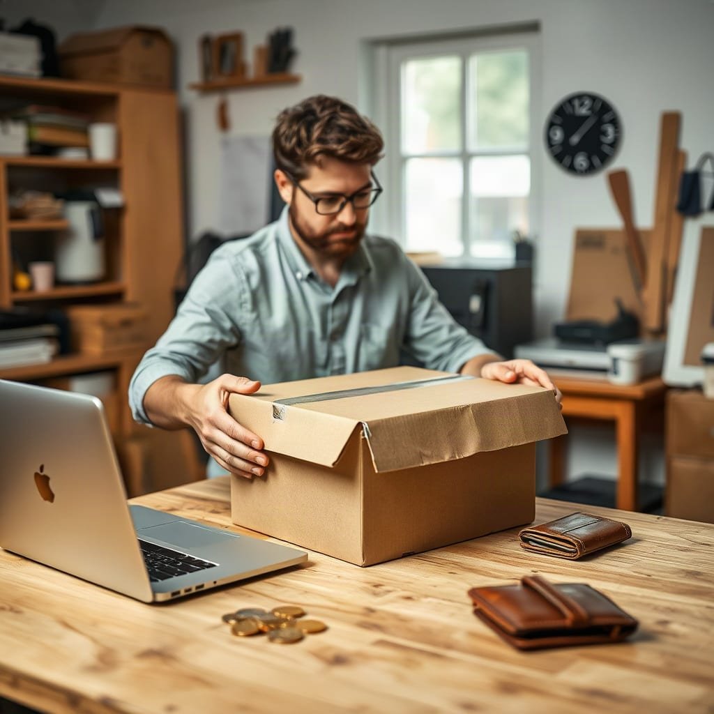 A shop owner packing an order into a plain box at a workbench, with coins and a leather wallet nearby.