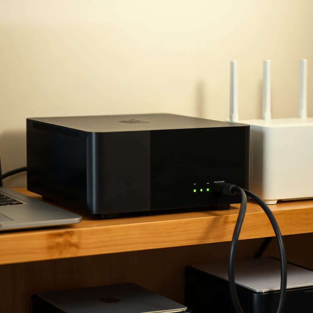 A small black server box on a shelf, wired to a router with glowing lights.
