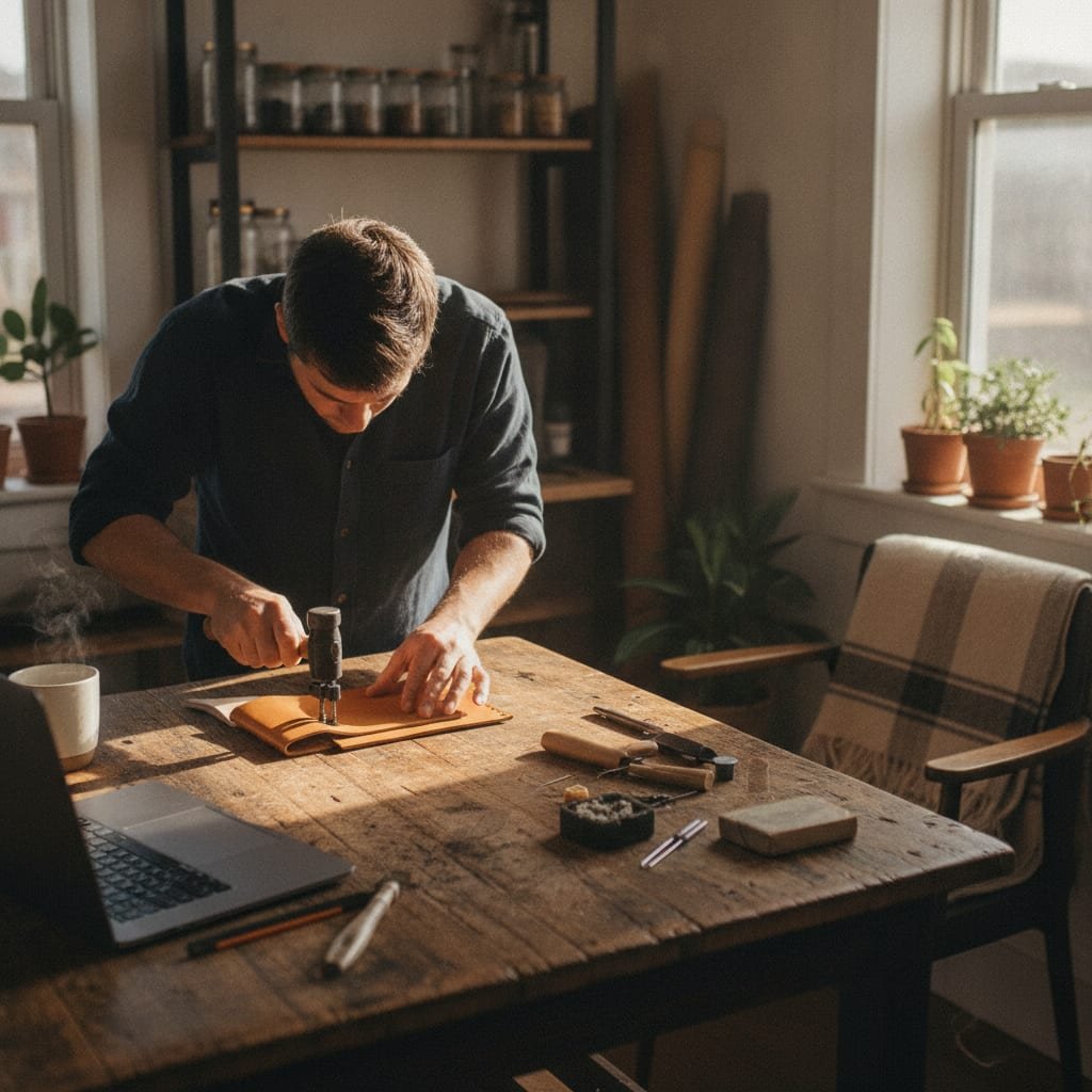 A small business owner hand-stitches a leather wallet at a wooden workbench, with a closed laptop beside the tools.