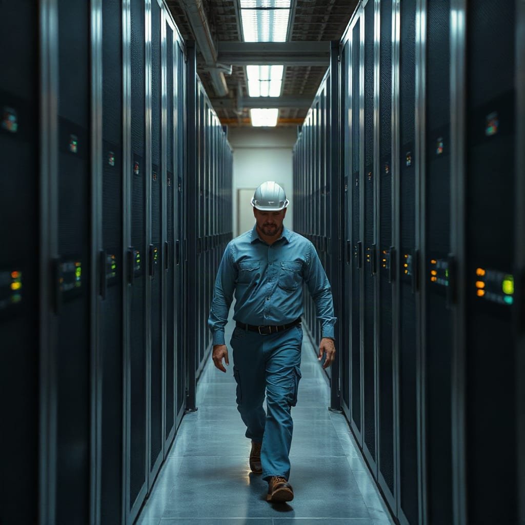 A technician walking between rows of server racks with small blinking lights in a data center.