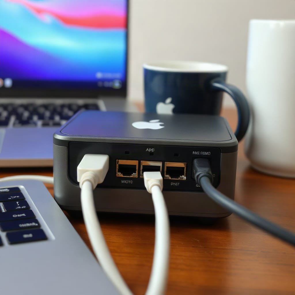 A thick cable and a thin cable are both connected into ports on one compact server device.