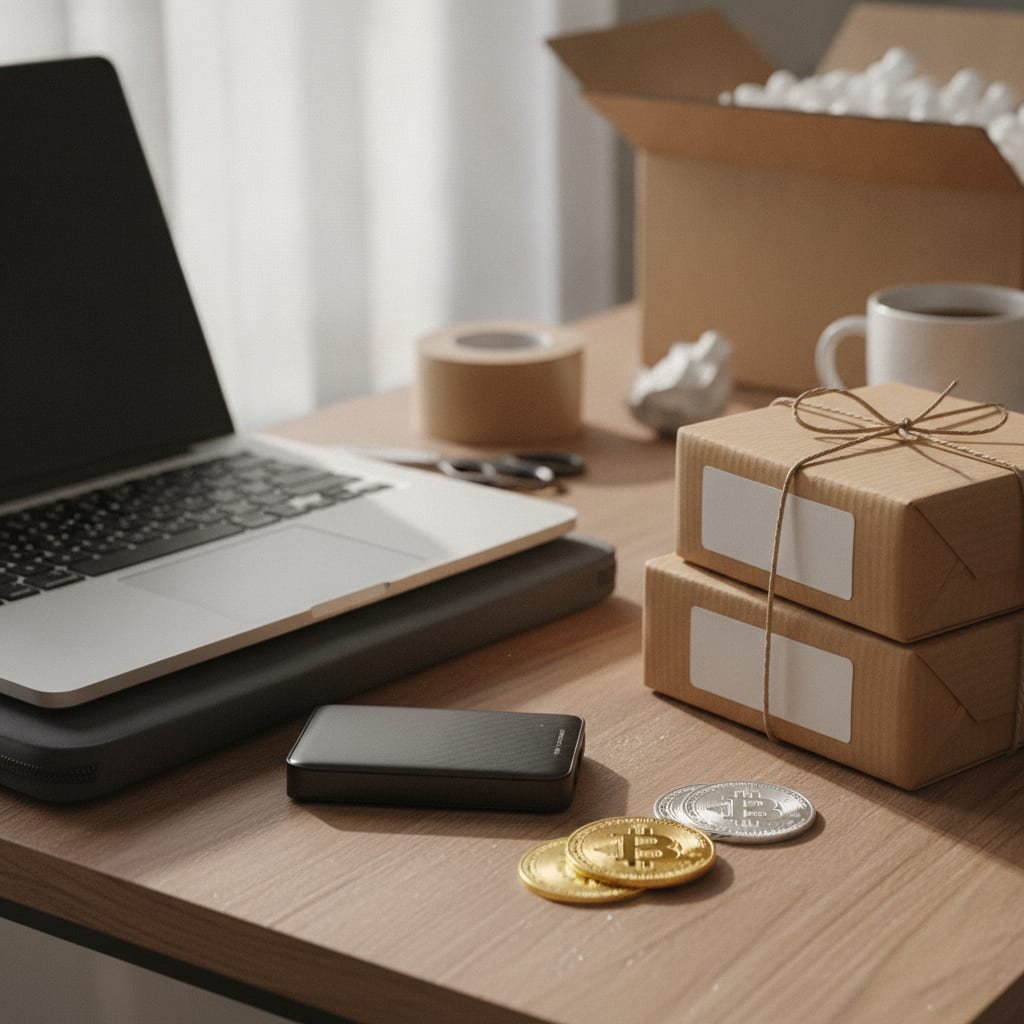 A workspace with a closed laptop, a hardware wallet device, and a small stack of coins beside packaged boxes ready for shipping.