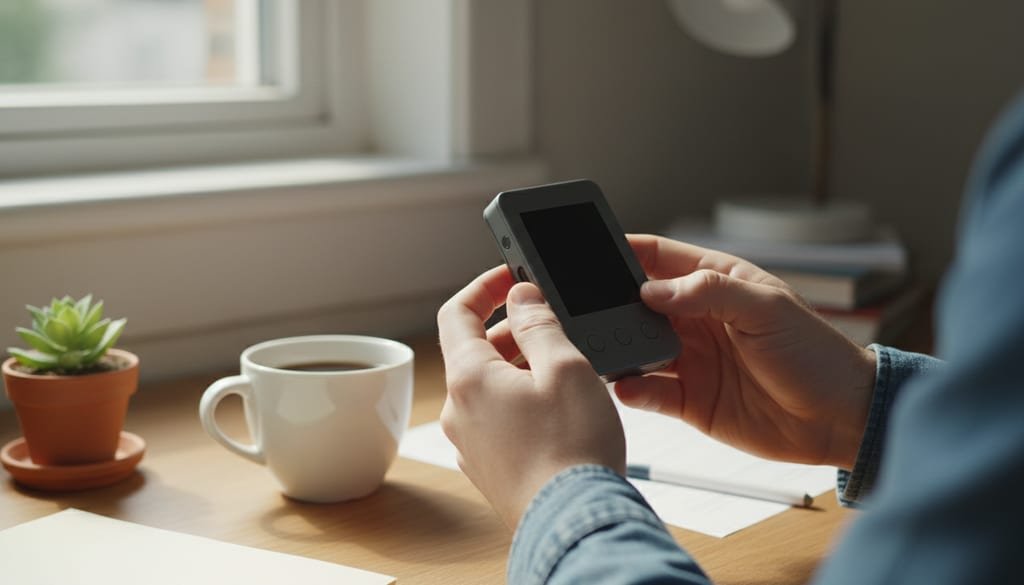 Hands hold a small hardware wallet with a dark, switched-off screen over a neat desk.