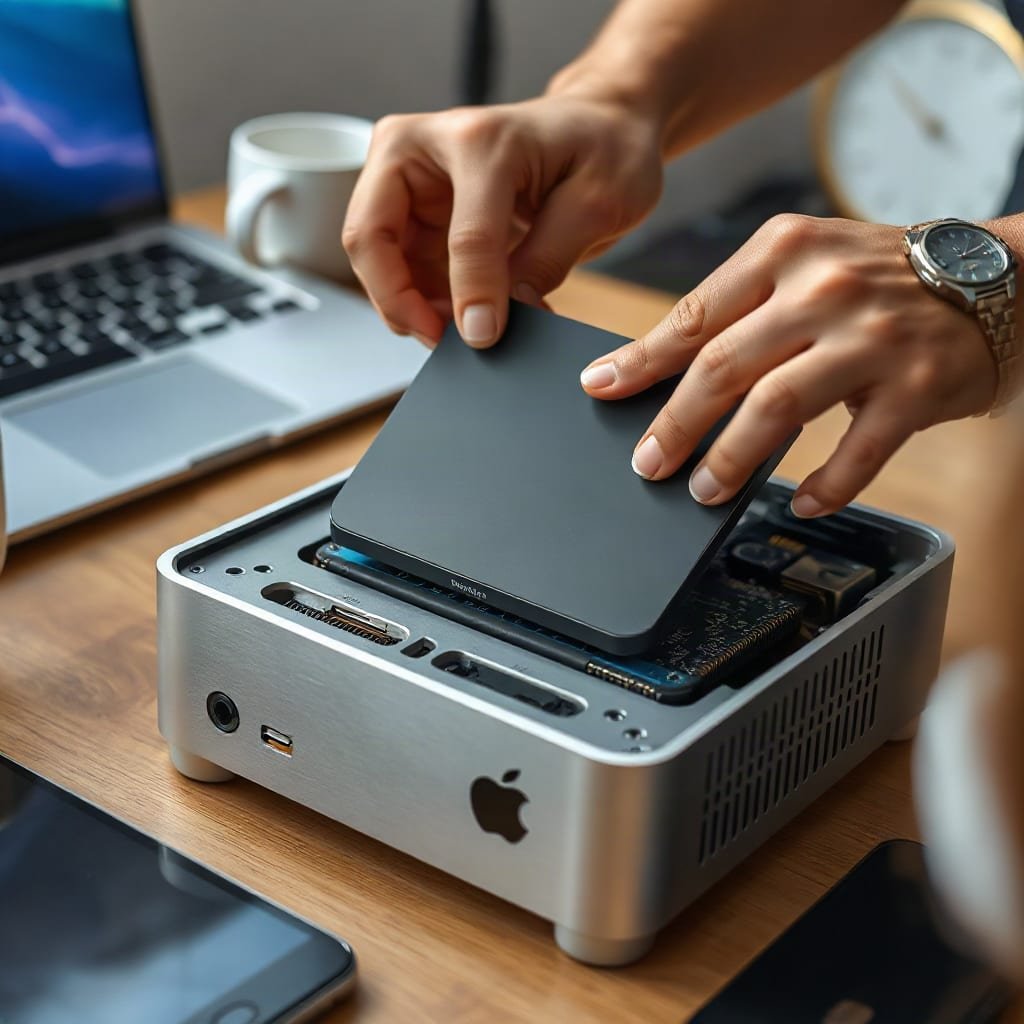 Hands installing a solid-state drive into an open mini PC.