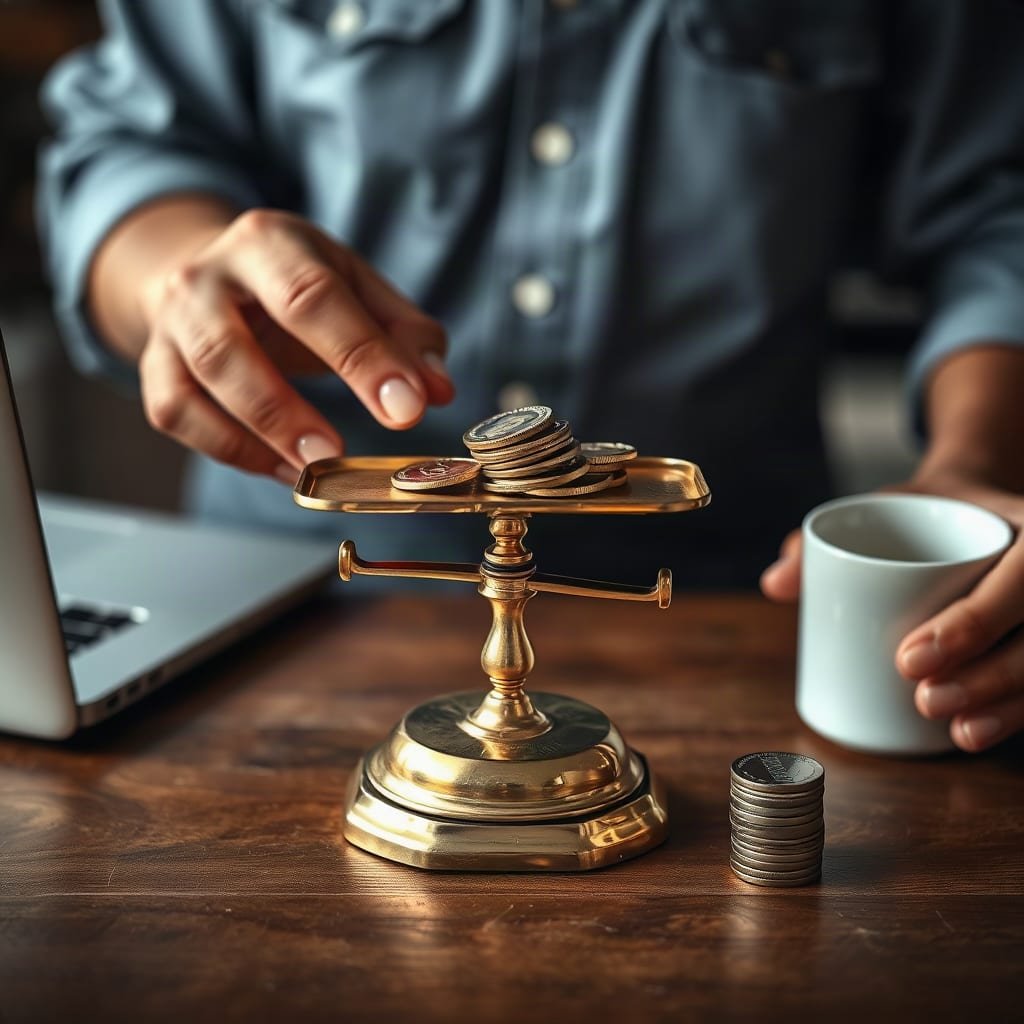 Hands placing gold coins onto a brass balance scale on a wooden counter.