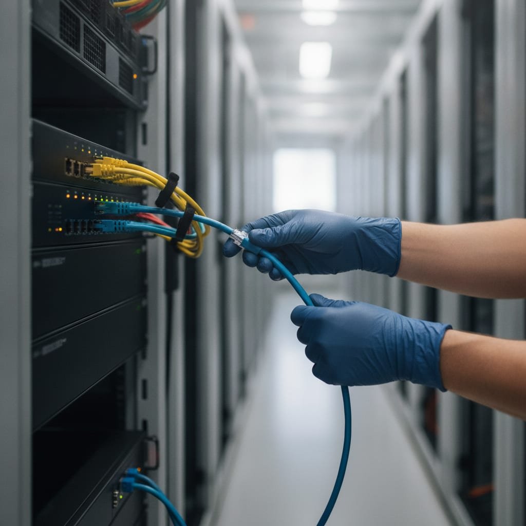 Hands plug network cables into a server in a dim data center lined with racks.