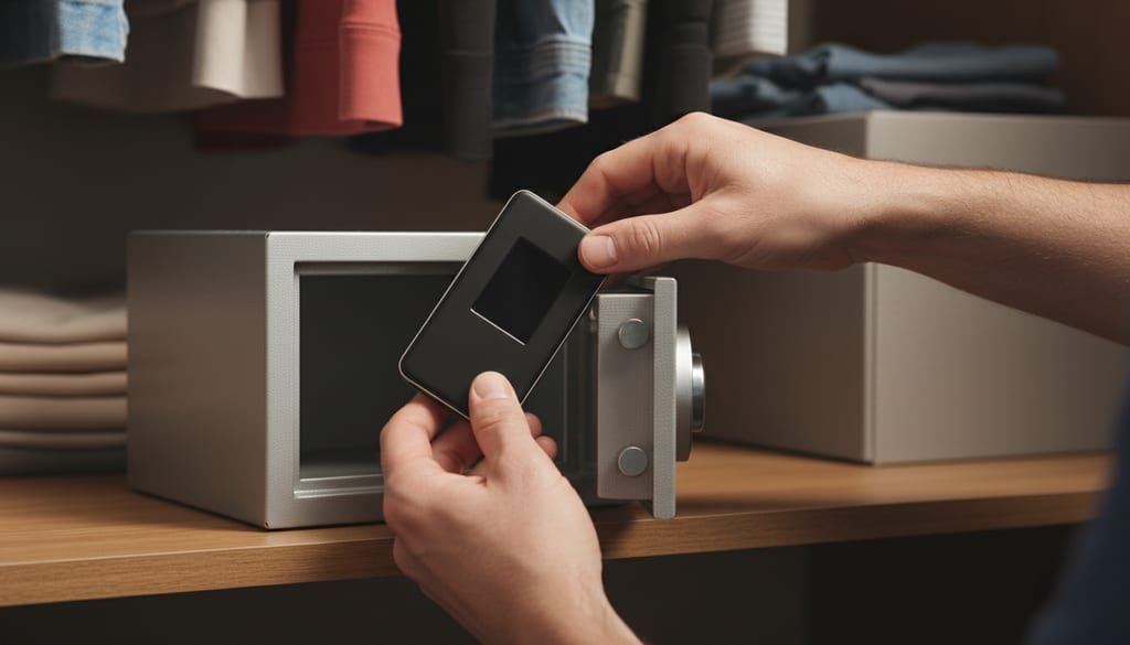 Hands set a small hardware wallet into an open steel safe on a shelf.