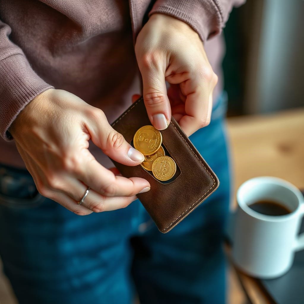 Hands tucking gold coins into a brown leather wallet.