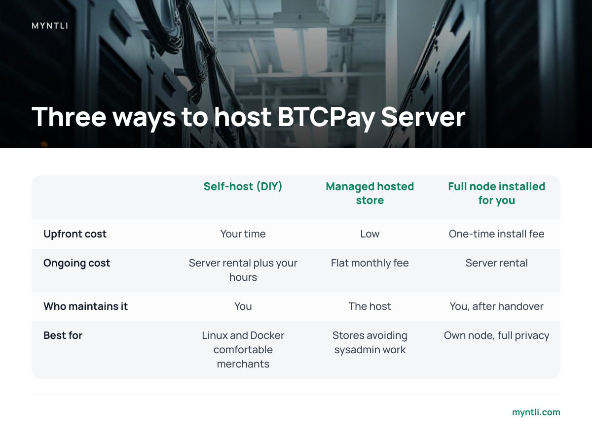 Three ways to host BTCPay Server: Upfront cost: Your time / Low / One-time install fee; Ongoing cost: Server rental plus your hours / Flat monthly fee / Server rental; Who maintains it: You / The host / You, after handover; Best for: Linux and Docker comfortable merchants / Stores avoiding sysadmin 