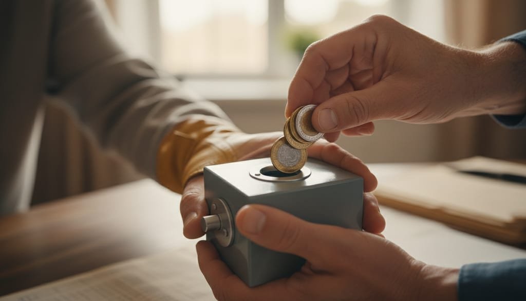 One person's hands dropping coins into a safe that another person is holding open.