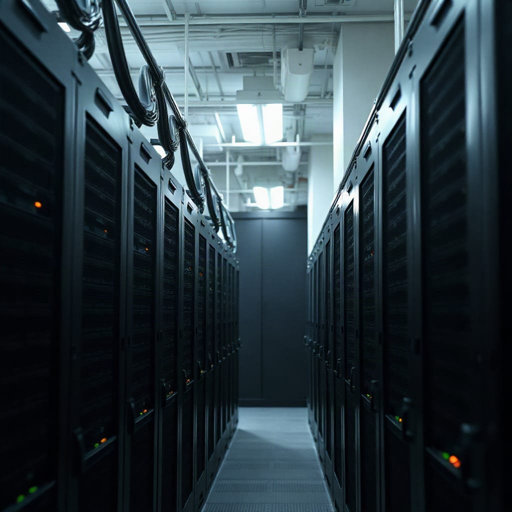 Rows of black rack-mounted servers with small glowing lights in a dimly lit data center aisle.
