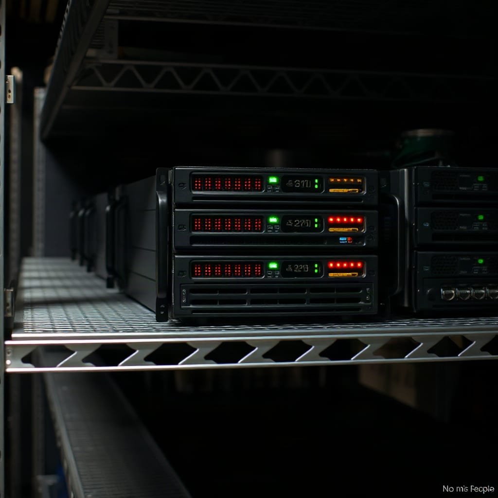 Several small server boxes with blinking lights are stacked together on a metal shelf.